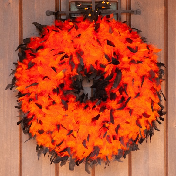 Orange & Black Halloween Feather Fall Door Wreath Trick or Treat Party Decor - Picture 1 of 4